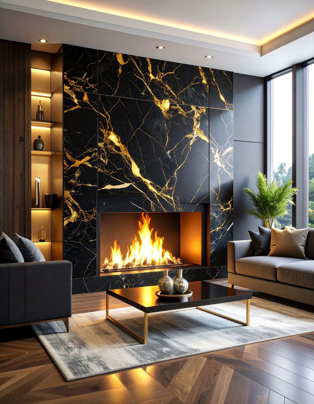 Dramatic Black and Gold Veined Quartz Fireplace Surround - 25 Quartz Fireplace Surround Ideas