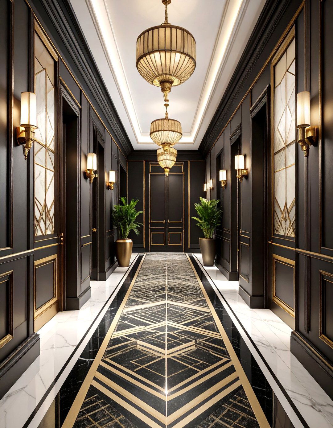 Dramatic Black and White Hallway Wallpaper with Art Deco Patterns - 25 Hallway Wallpaper Ideas