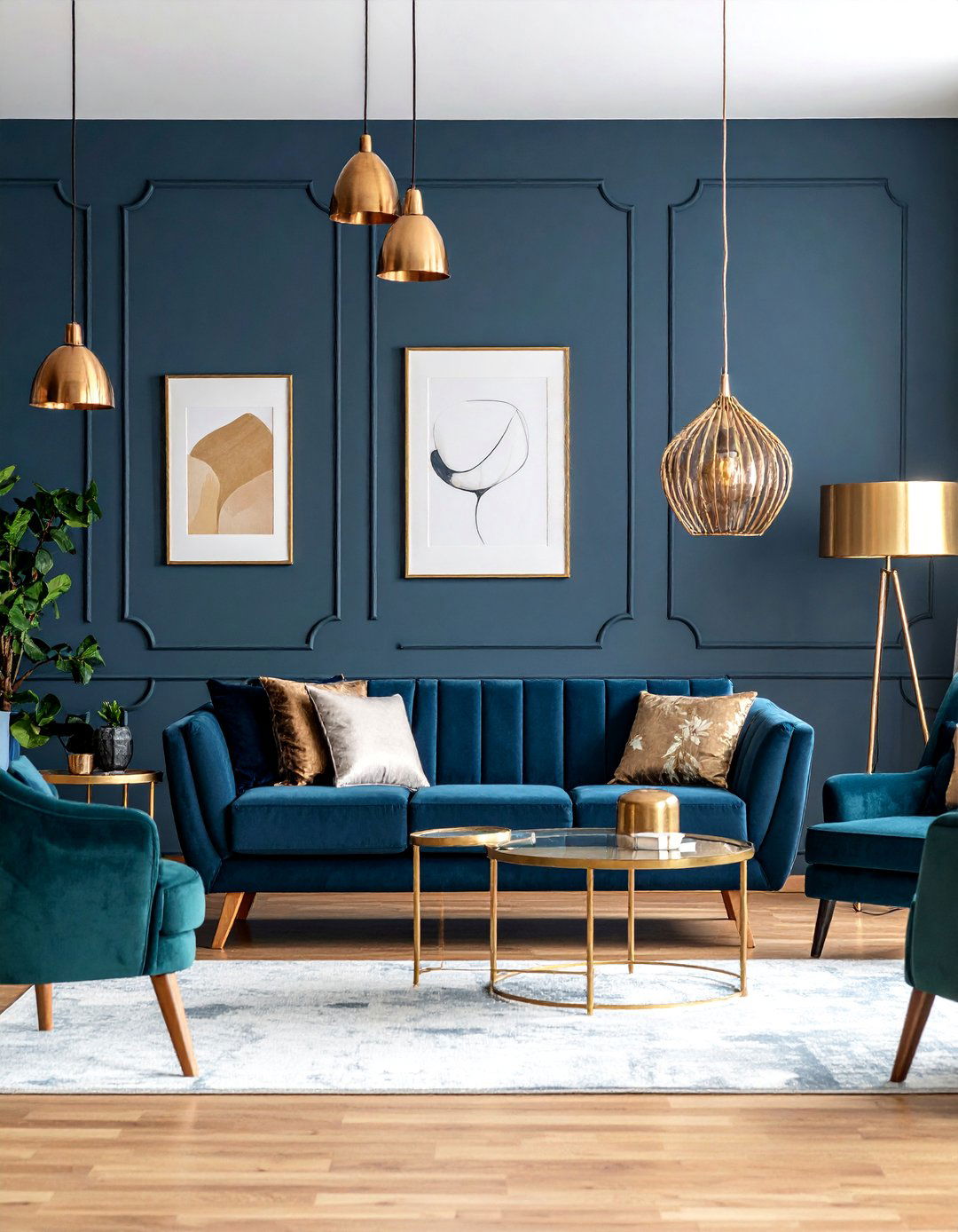 Dramatic Dark Accent Wall with Warm Metallics - 25 living room wall decor ideas