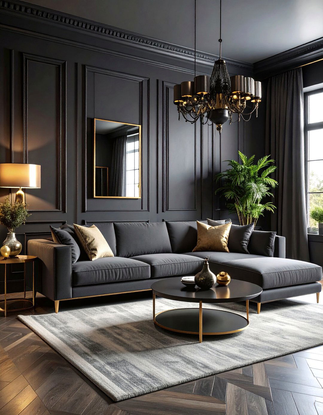 Dramatic Dark Grey Living Room with Statement Lighting - 25 living room grey walls black trim