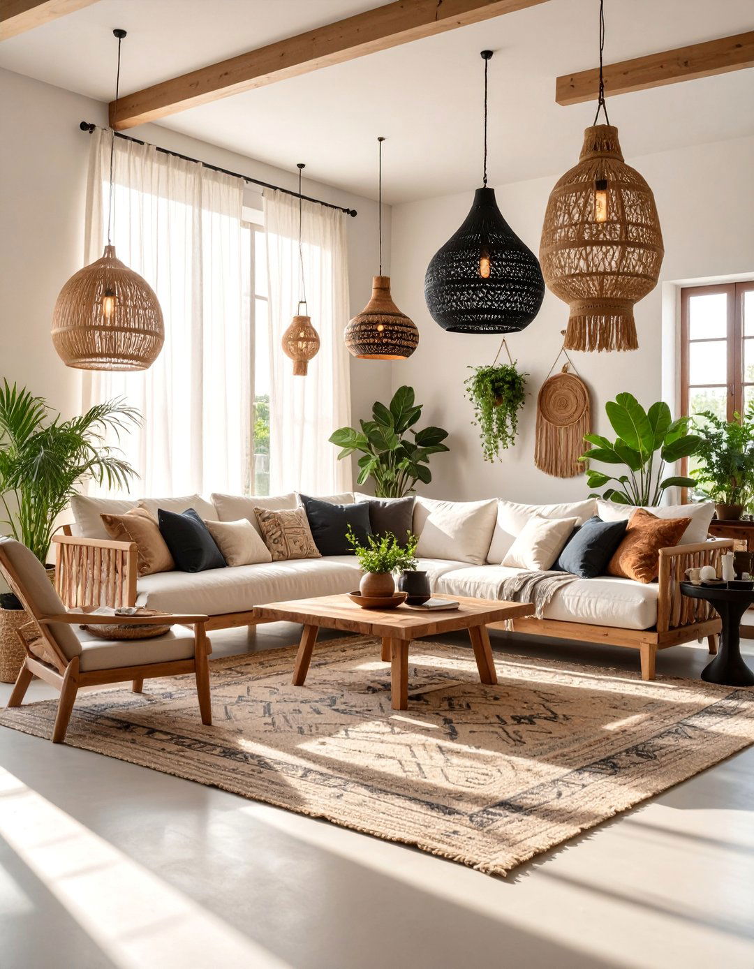 Dramatic Lighting Feature with Shadow Play - 25 Black and White Boho Living Room Ideas