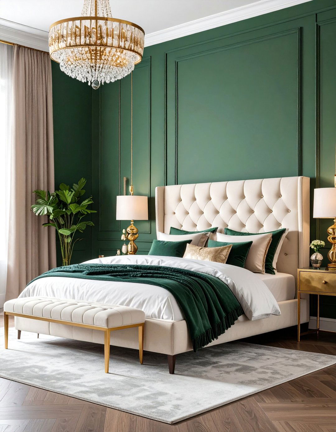 Dramatic Olive Green Master Bedroom with Gold Accents - 25 Olive Green Room Ideas