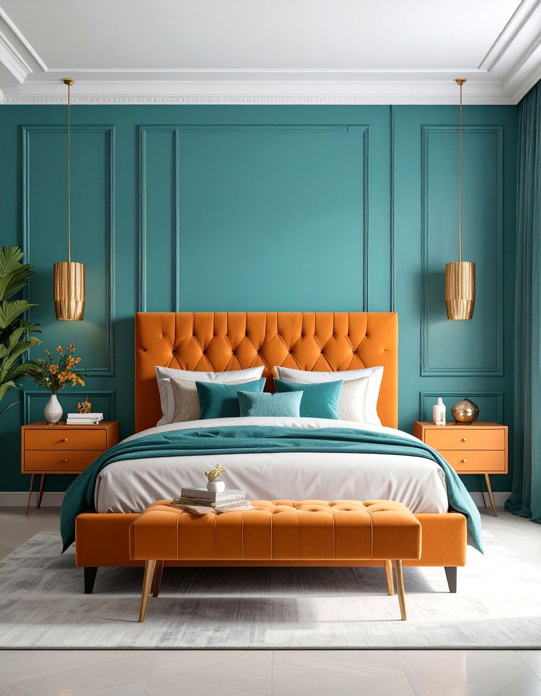 Dramatic Teal Accent Wall with Bold Orange Furniture - 25 Teal and Orange Bedroom Ideas