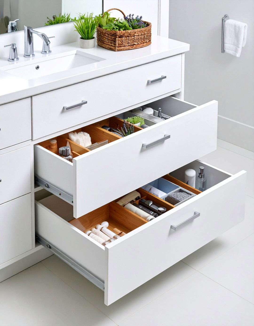 Drawer Within Drawer Organization with Sliding Inserts - 25 Bathroom Cabinet Organization Ideas