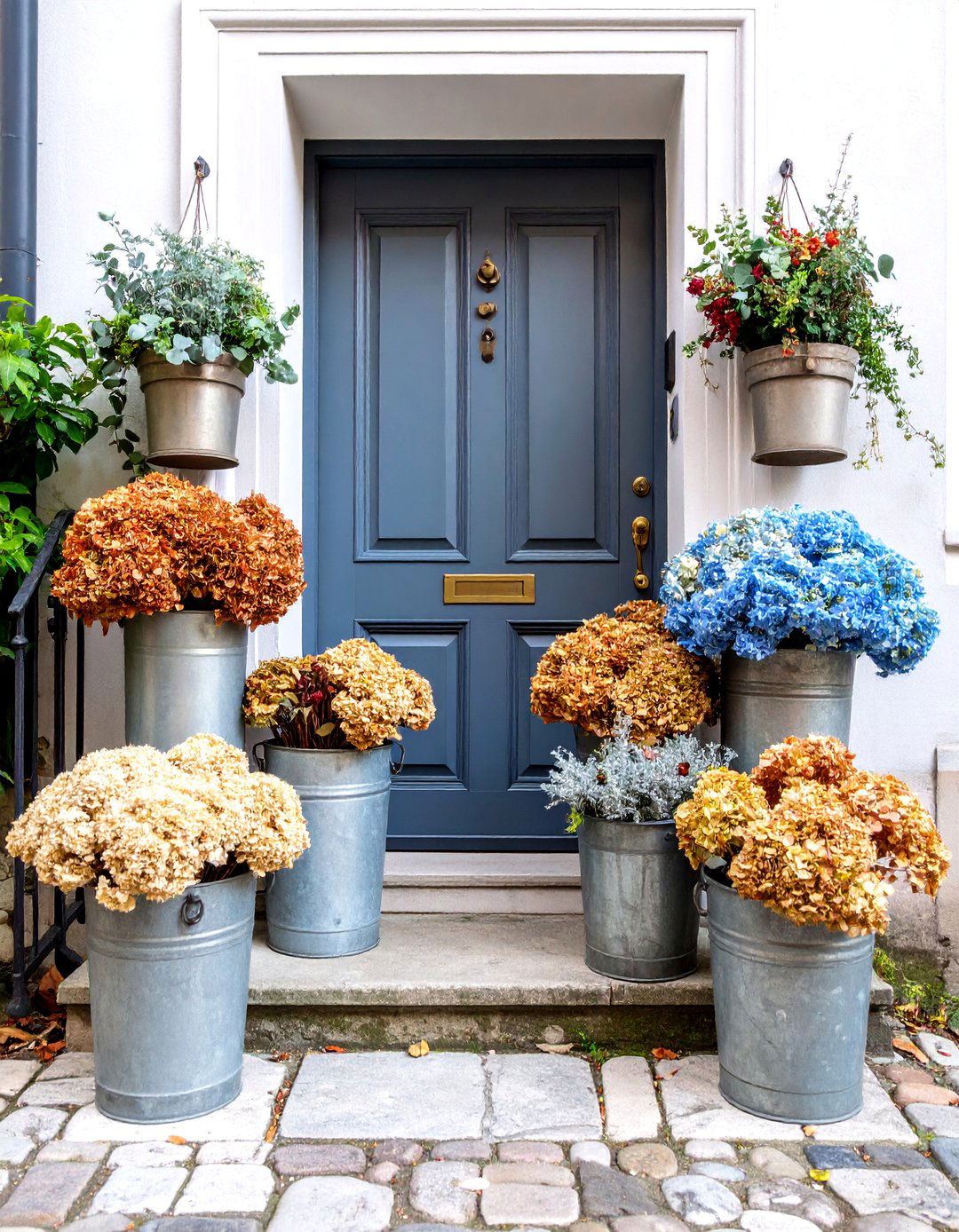 Dried Hydrangea and Neutral Botanical Theme - 25 Front Door Fall Decor Ideas