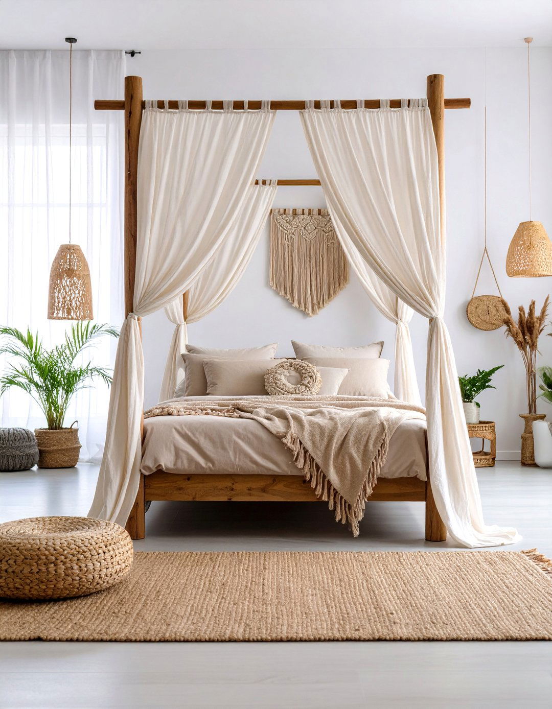 Driftwood Canopy Bed with Macrame Accents - 25 Boho Beach Bedroom Ideas