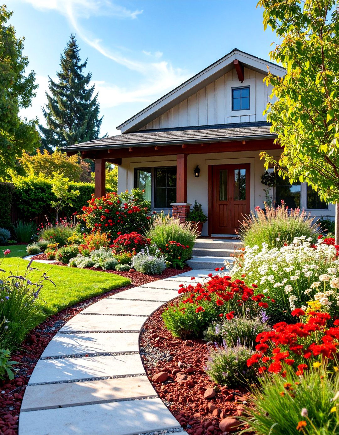 Drought Tolerant Front Yard with Red Lava Borders - 25 Red Lava Rock Landscaping Ideas