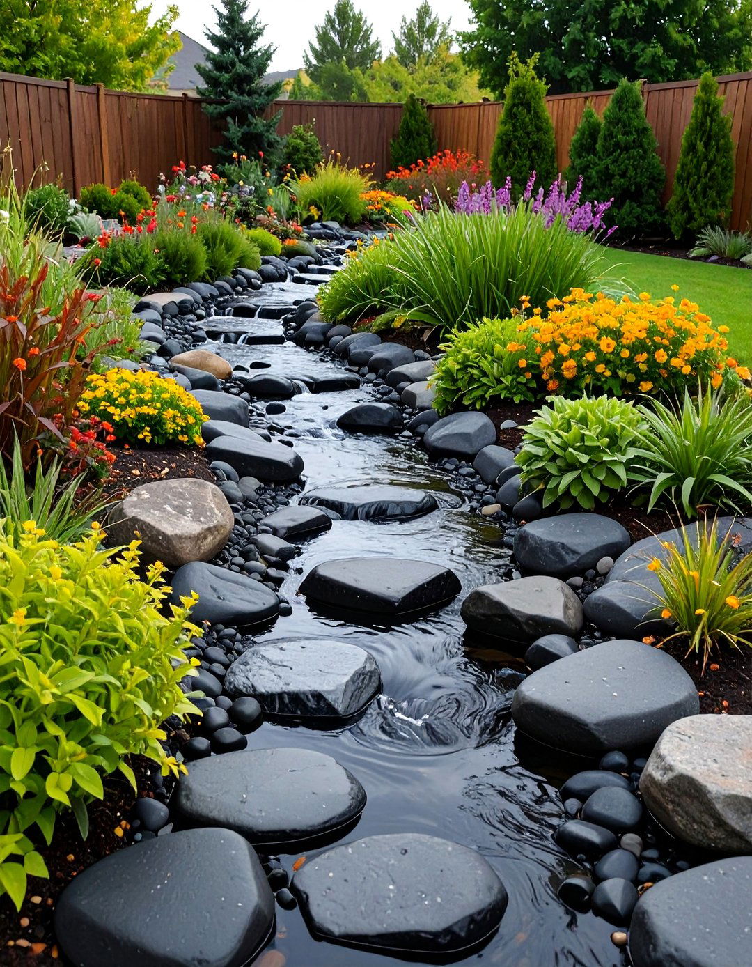 Dry Creek Bed with Black River Stones - 25 Black River Rock Landscaping Ideas