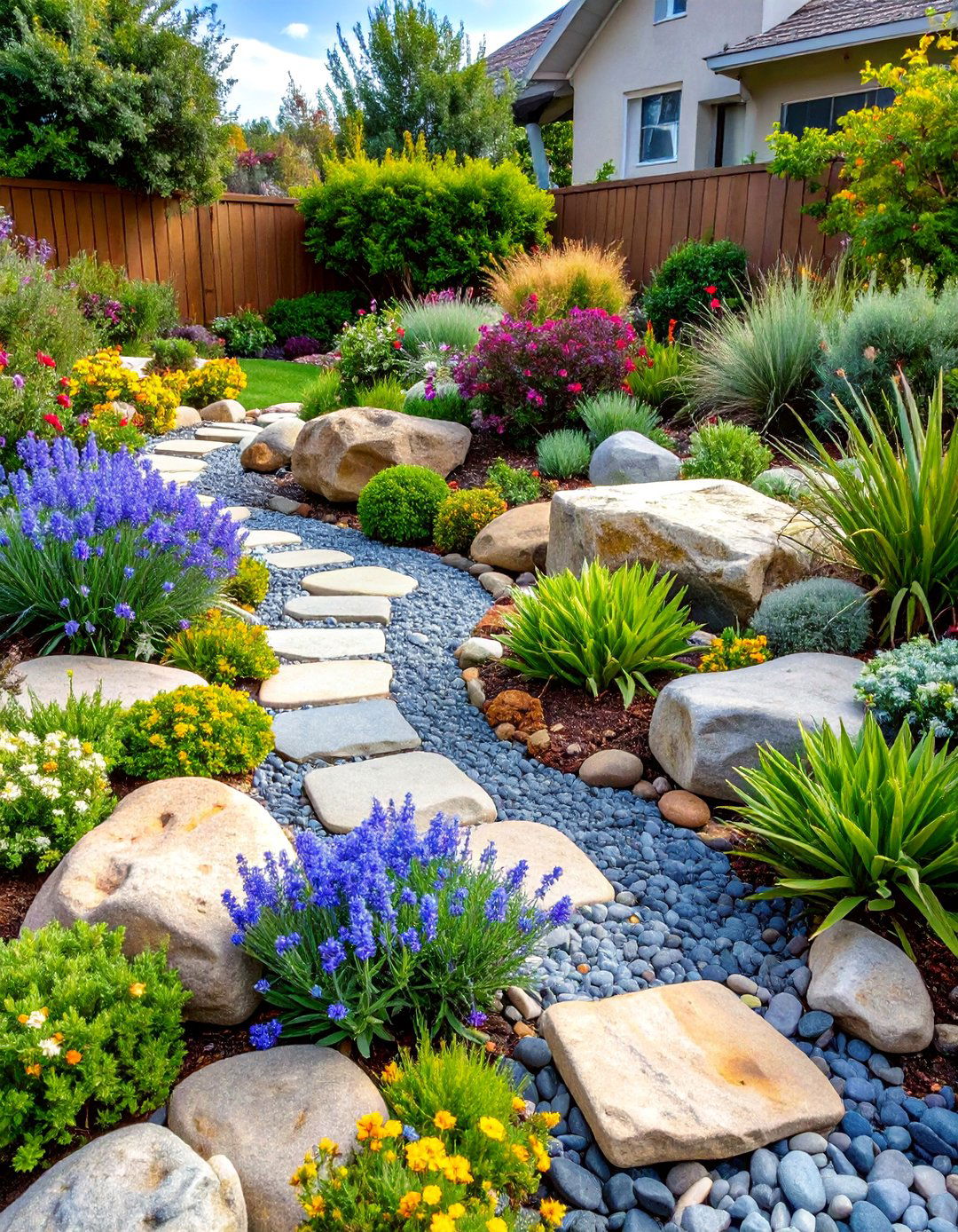 Dry Creek Bed with Boulder Garden Design - 25 Down Sloped Backyard Ideas