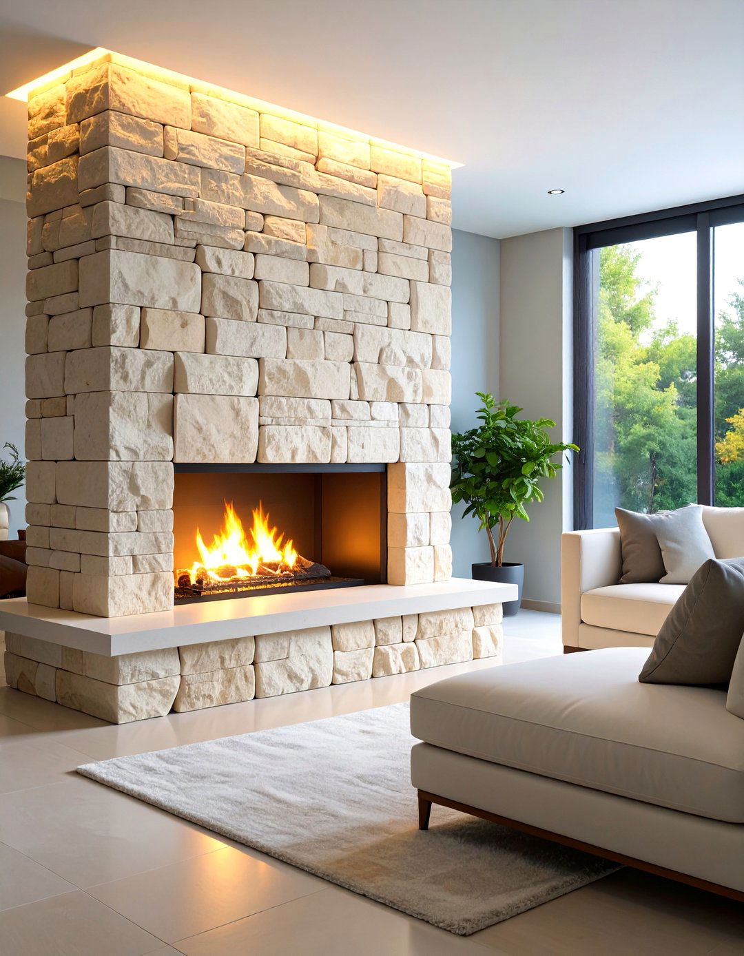Dry Stack Limestone Contemporary Fireplace - 25 Stone Fireplace Ideas