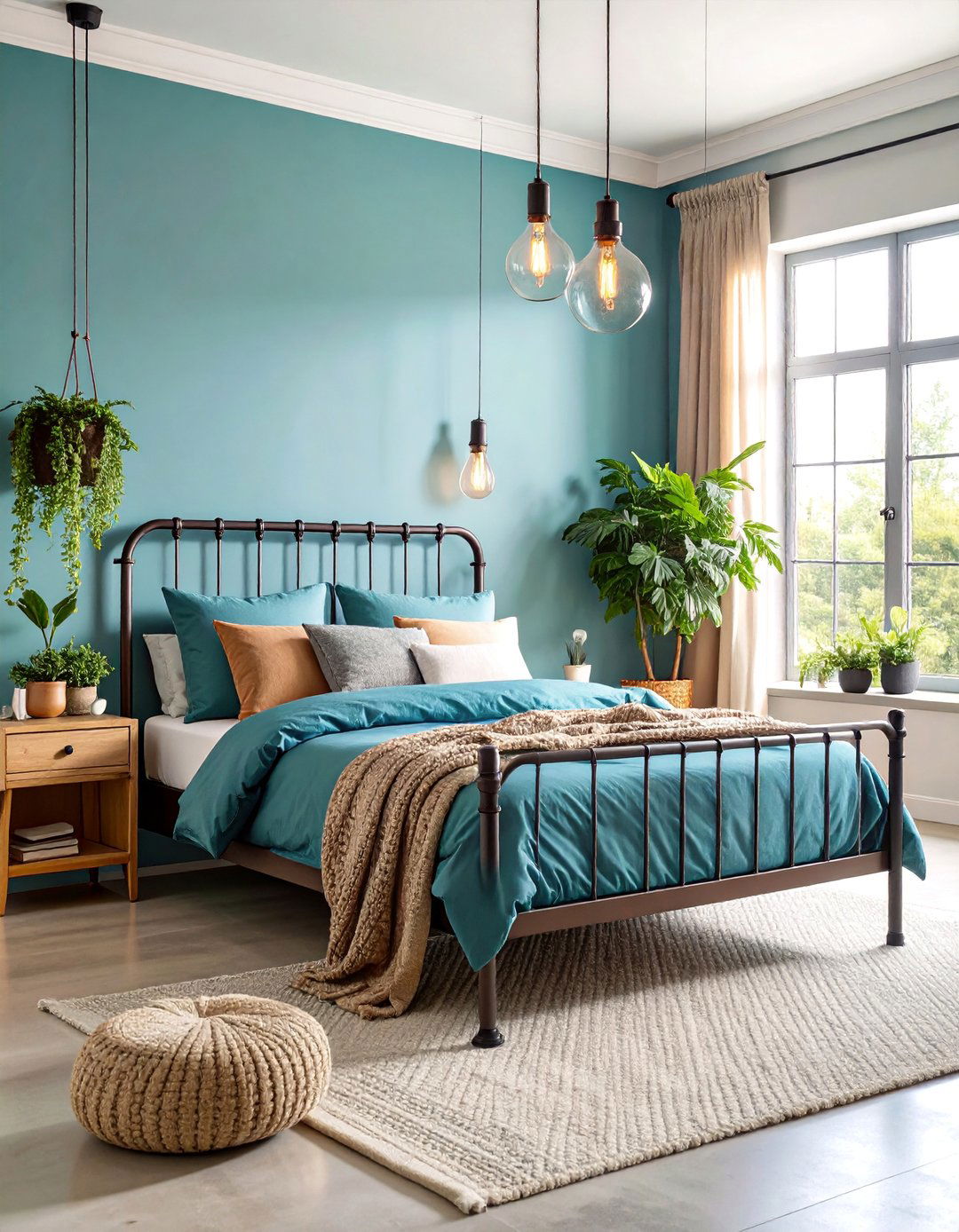Duck Egg Blue Industrial Bedroom with Metal Pipe Details - 25 Duck Egg Blue Bedroom Ideas