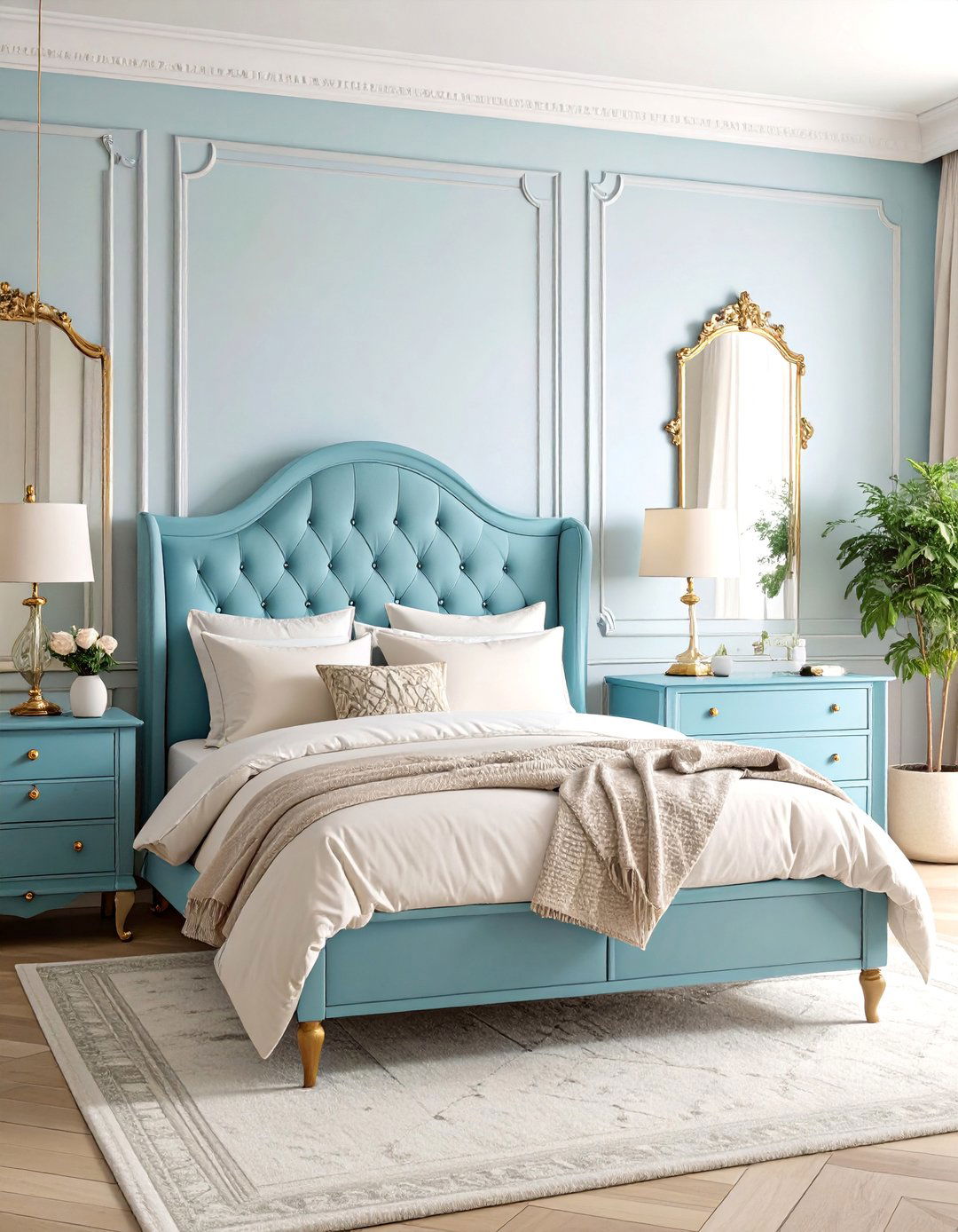 Duck Egg Blue Vintage Bedroom with Brass Hardware Details - 25 Duck Egg Blue Bedroom Ideas