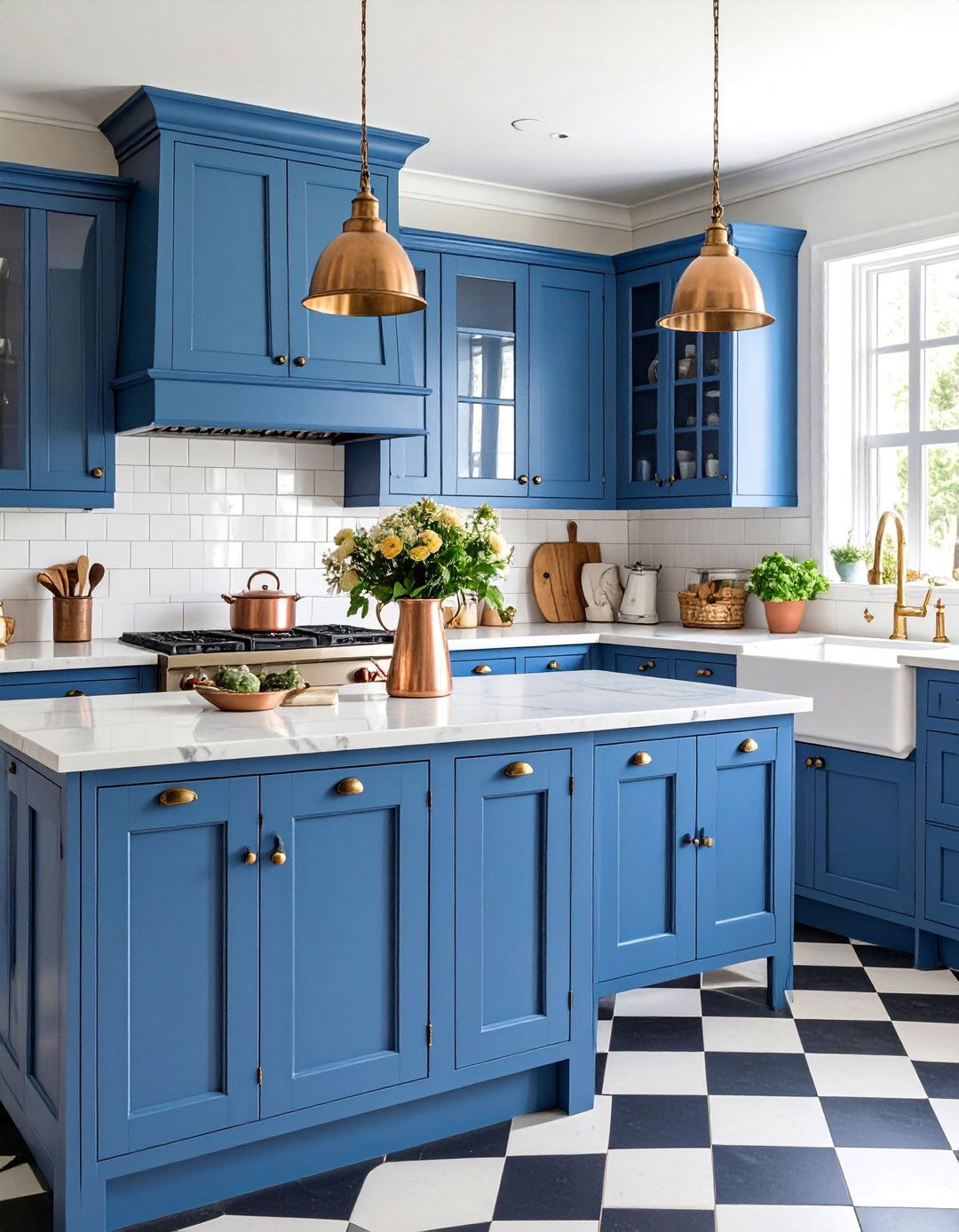 Dusty Blue Cabinet Kitchen with Checkerboard Floor Pattern - 25 Blue French Country Kitchen Ideas