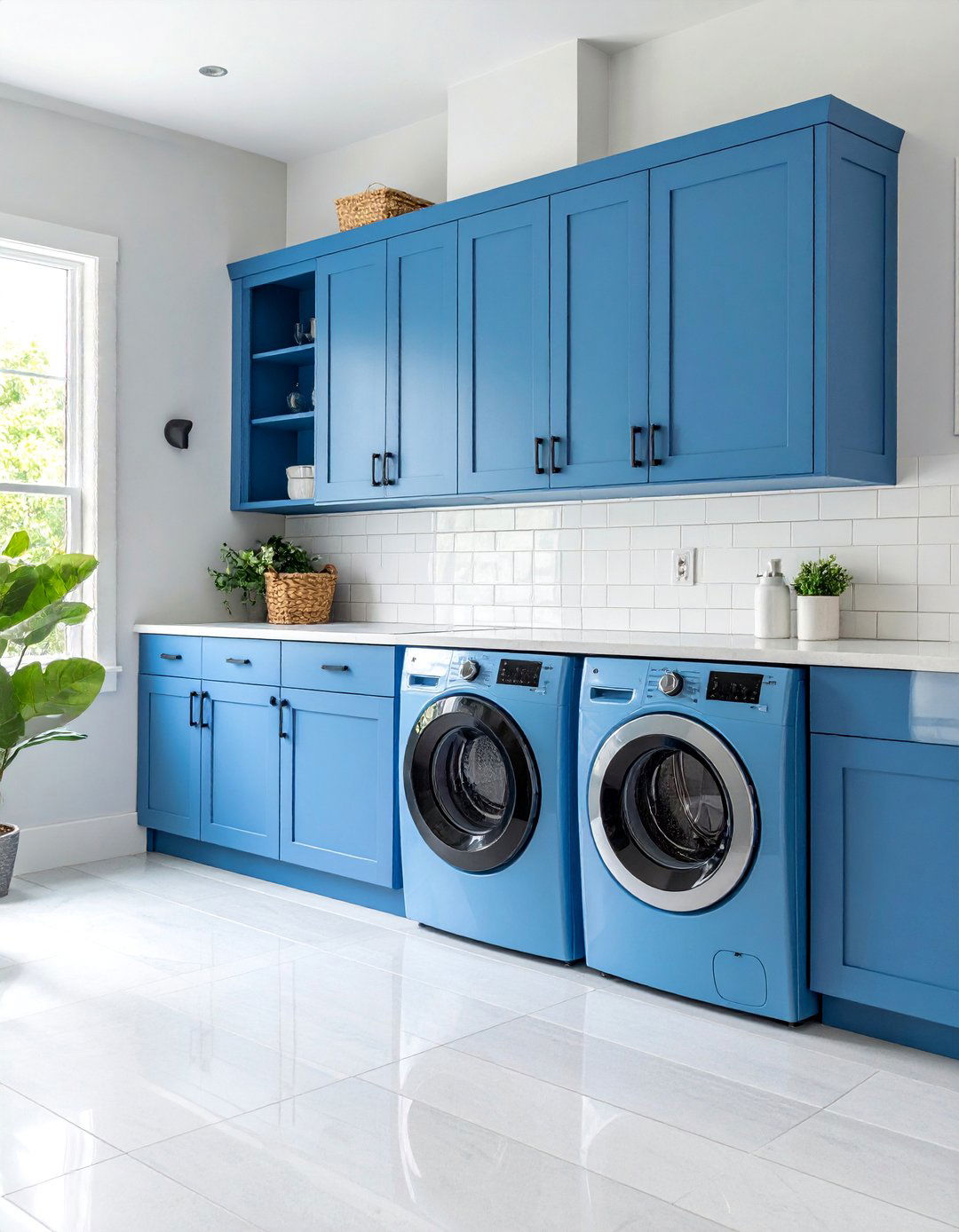 Dusty Blue Cabinets with Black Hardware - 25 Blue Laundry Room Ideas