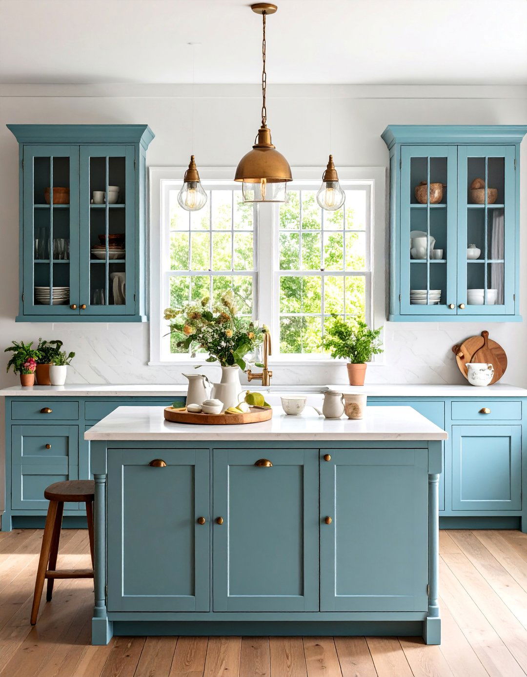 Dusty Blue Glass Front Upper Cabinets - 25 blue farmhouse kitchen cabinets