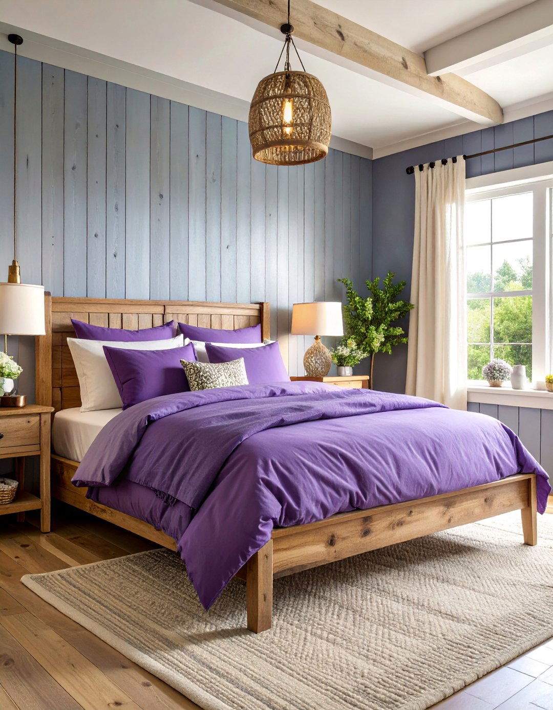 Dusty Blue Shiplap Walls with Plum Bedding - 25 Blue and Purple Bedroom Ideas