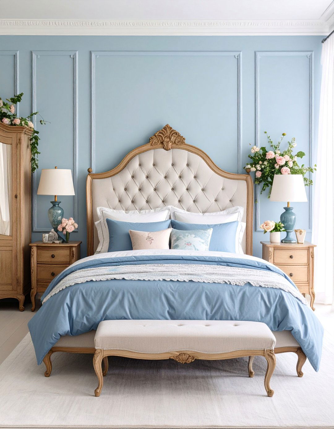 Dusty Blue Vintage Romance with Antique Details - 25 Moody Blue Bedroom Ideas