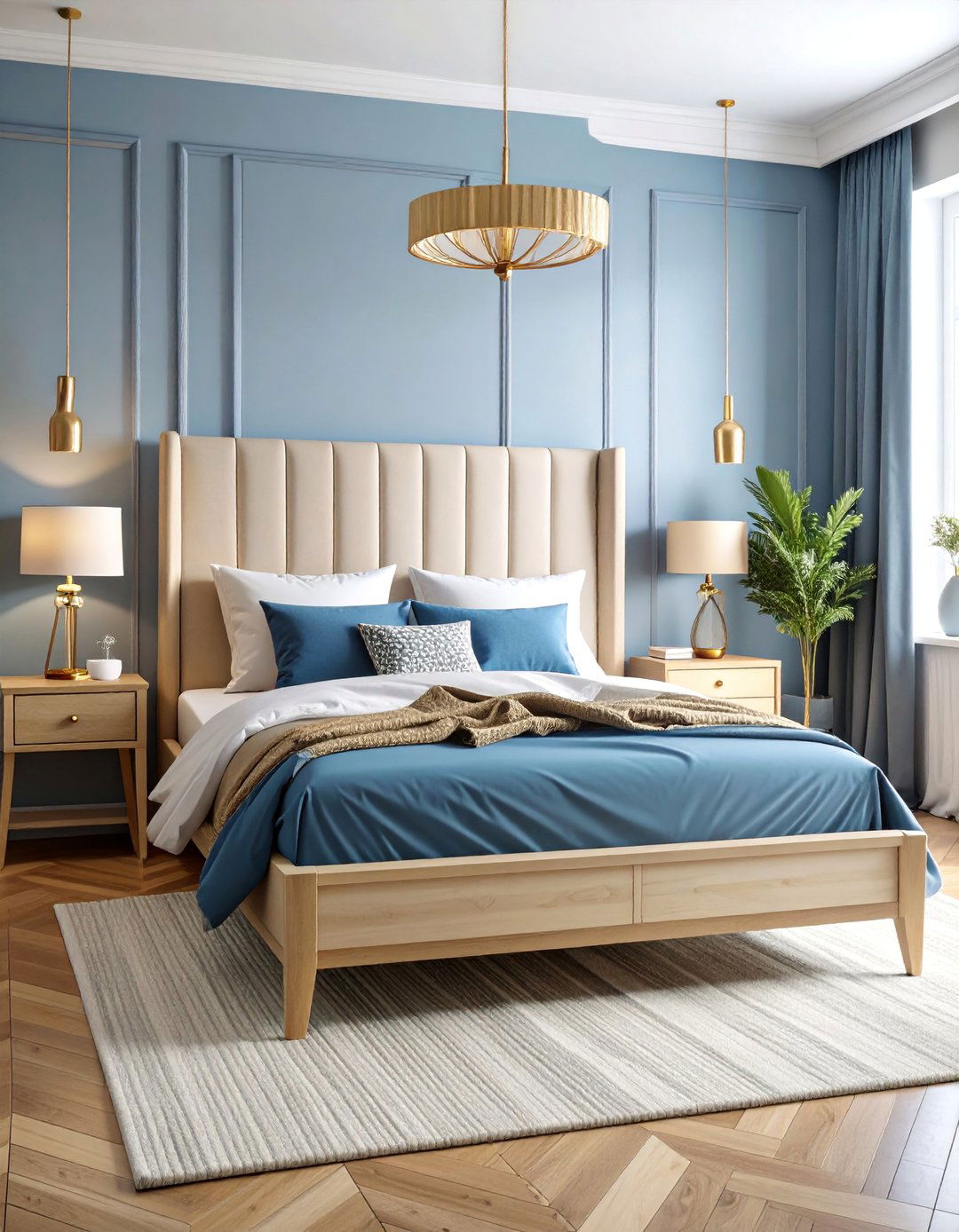 Dusty Blue and Matte Gold Scandinavian Bedroom - 25 Blue and Gold Bedroom Ideas