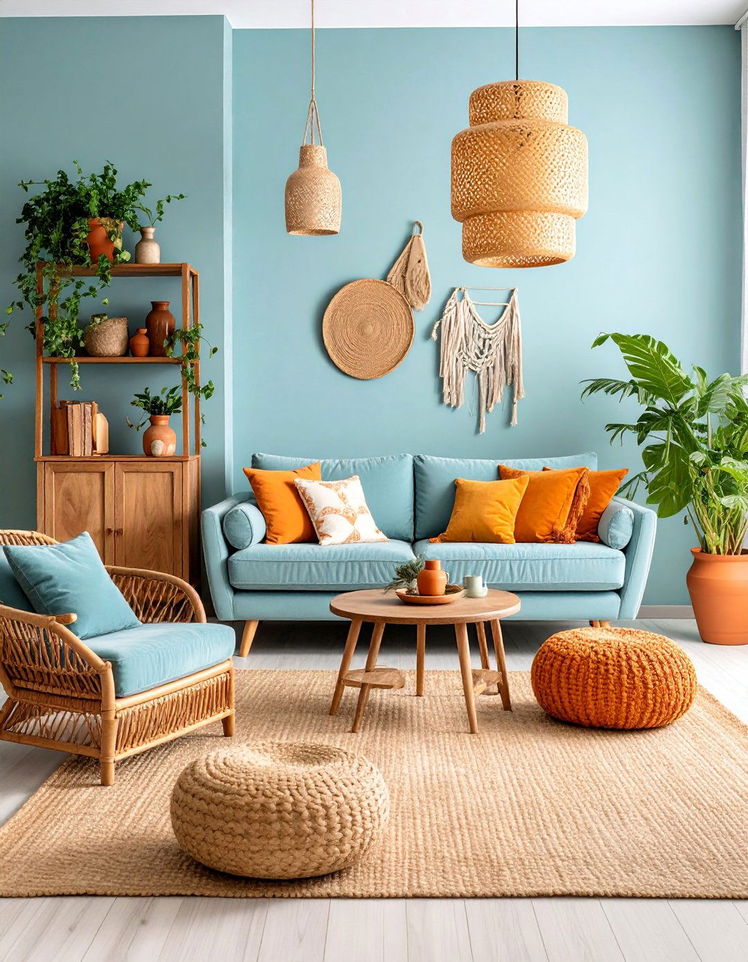 Dusty Blue and Terra Cotta Farmhouse Charm - 25 orange and blue living room ideas
