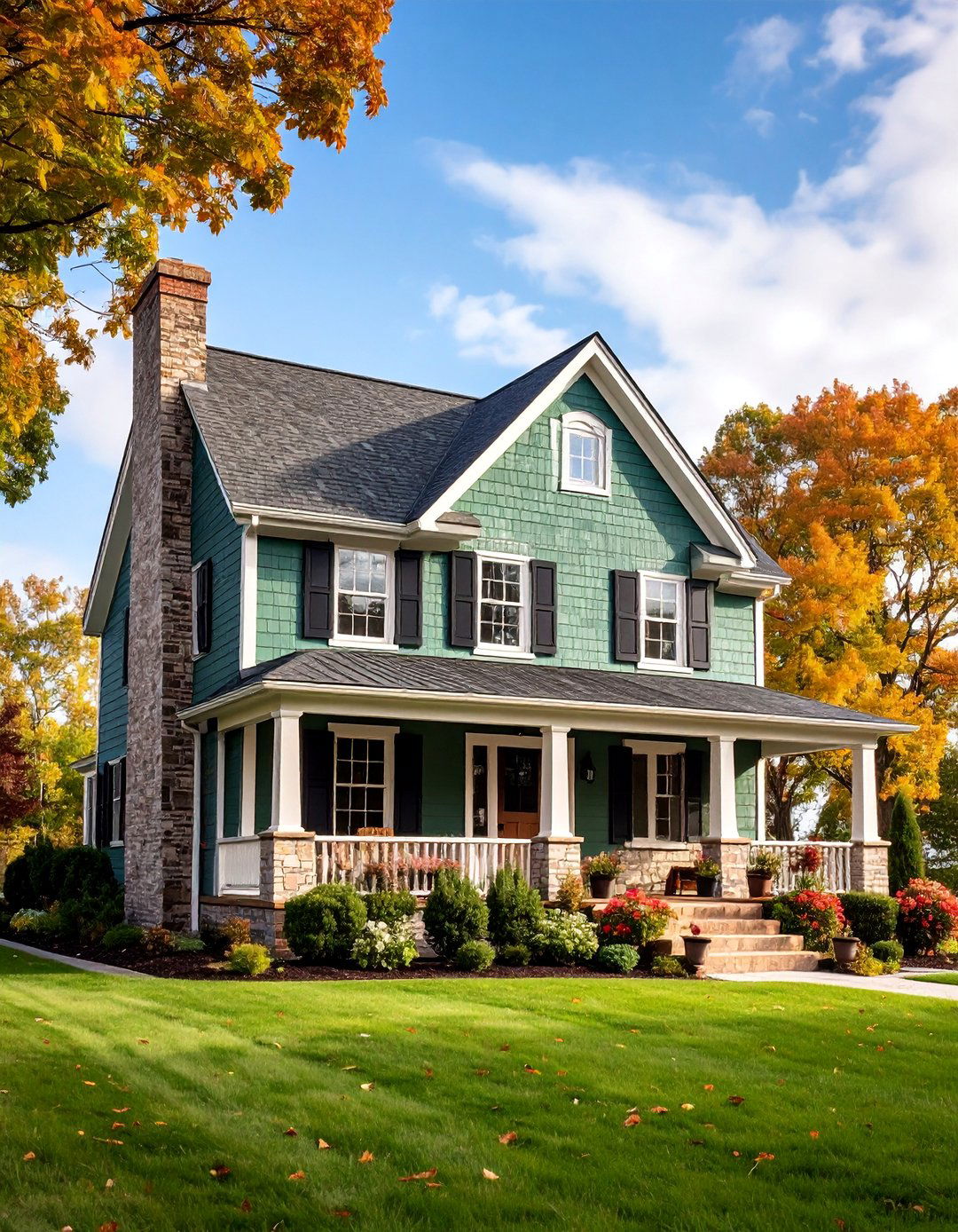Dusty Green Farmhouse with Whitewashed Brick Base - 25 Farmhouse Green Exterior Home Ideas
