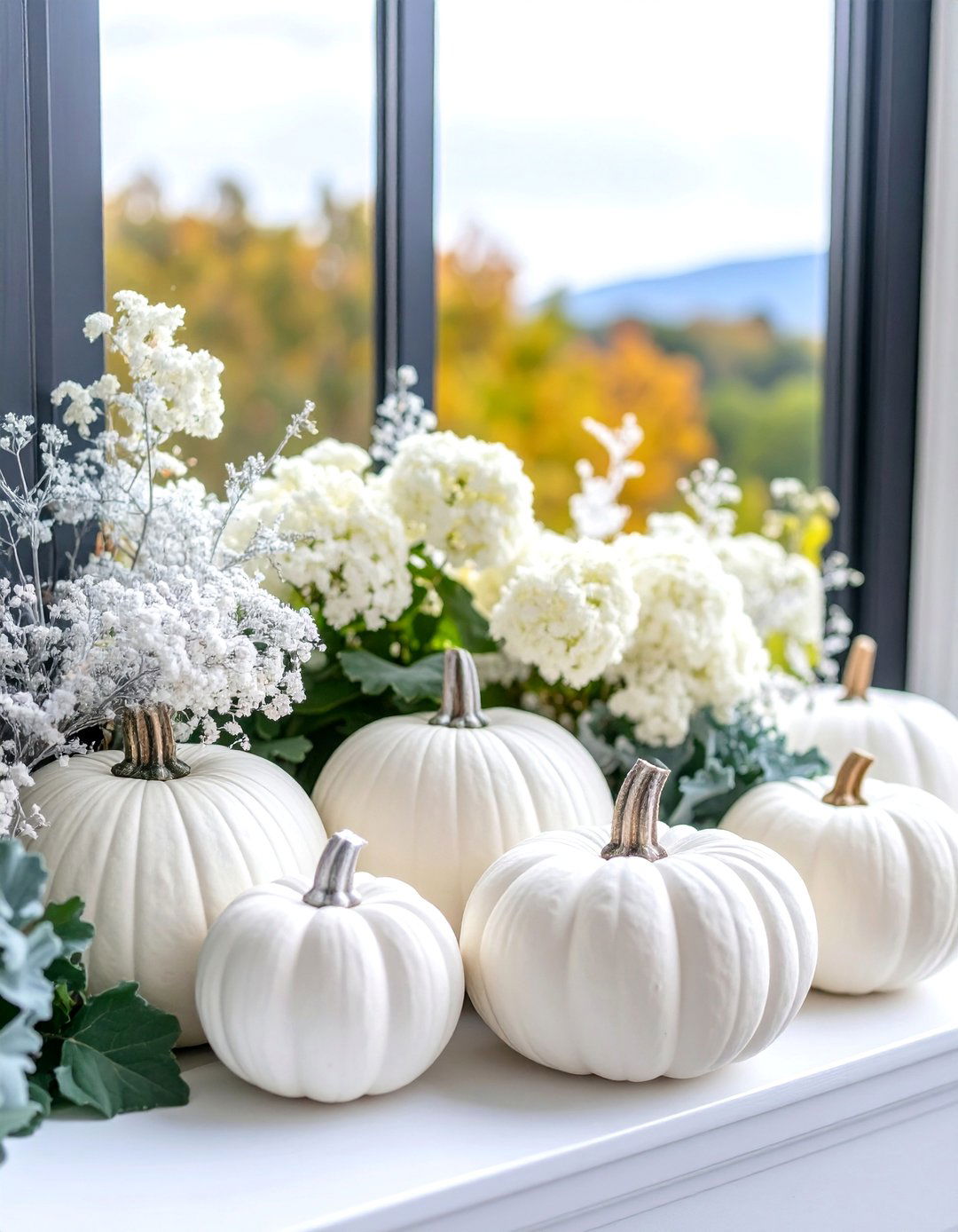 Dusty Miller and White Pumpkin Elegant Display - 25 Fall Window Box Ideas