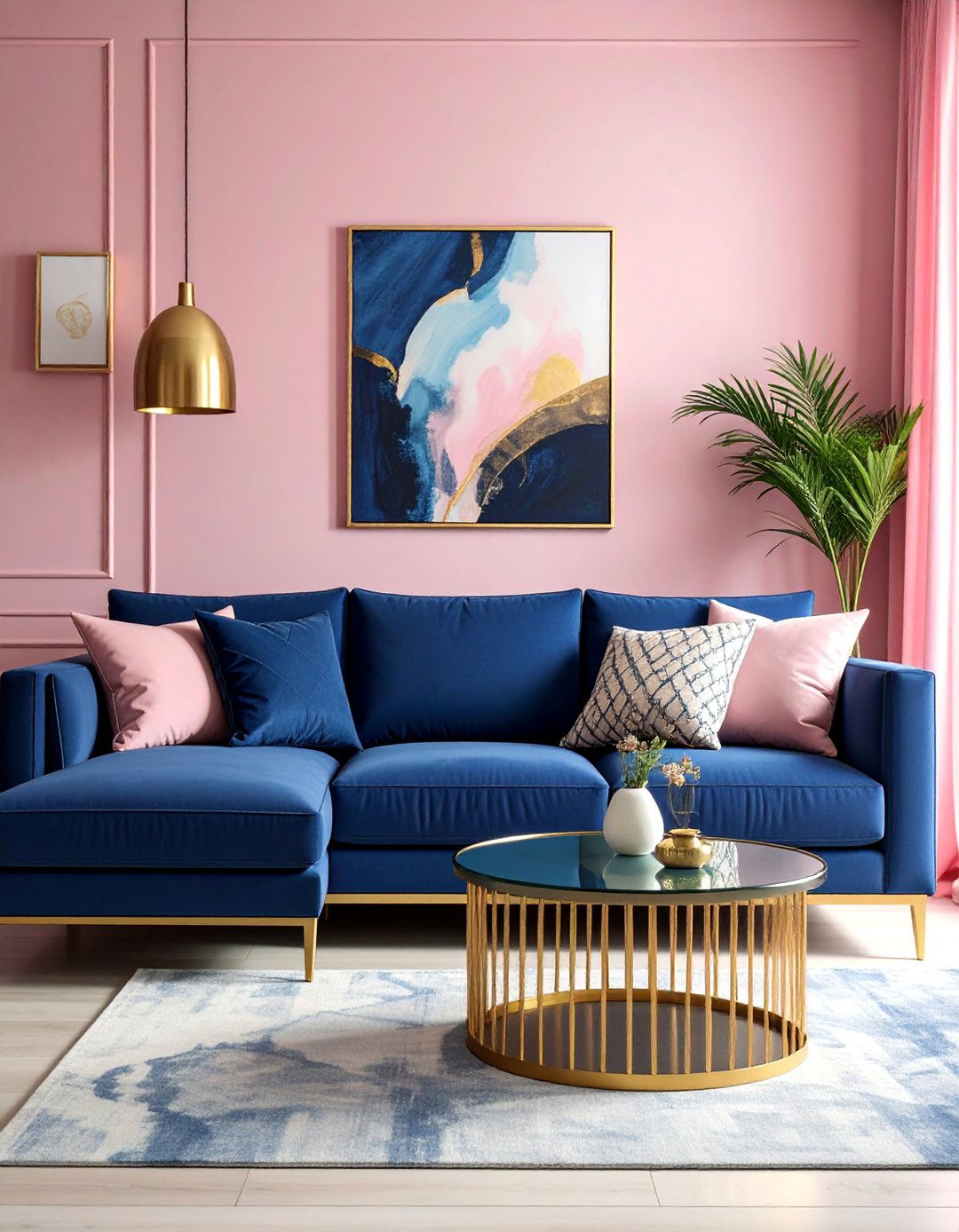 Dusty Pink Accent Wall with Midnight Blue Sectional - 25 Pink and Blue Living Room Ideas