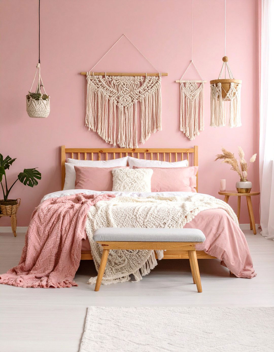 Dusty Pink Bedroom with Macrame and Plants - 25 Boho Cottage Style Decor Ideas