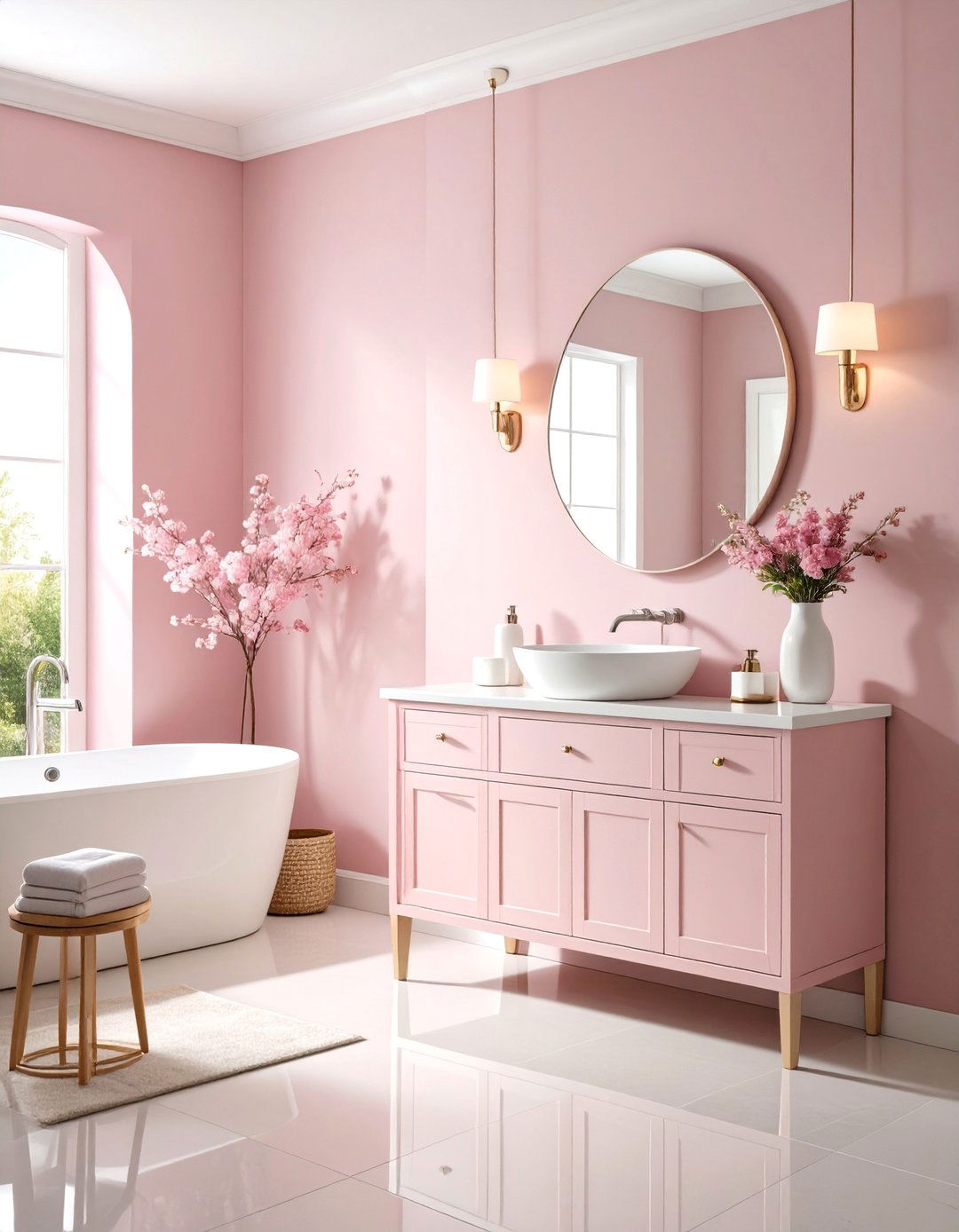 Dusty Pink Guest Bathroom with White Fixtures - 25 Pastel Colour Ideas for Your Home
