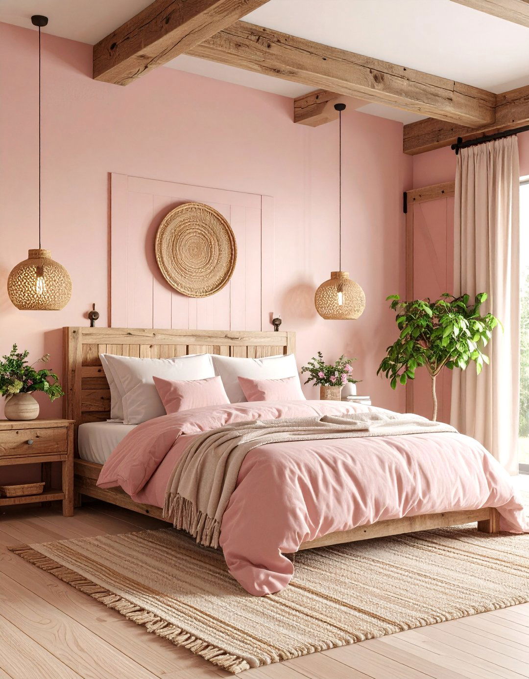 Dusty Pink Rustic Bedroom with Reclaimed Wood Elements - 25 Pink Bedroom Ideas