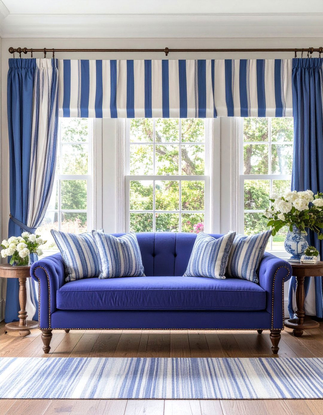 Dusty Purple Upholstered Bench with Blue Striped Curtains - 25 Blue and Purple Bedroom Ideas
