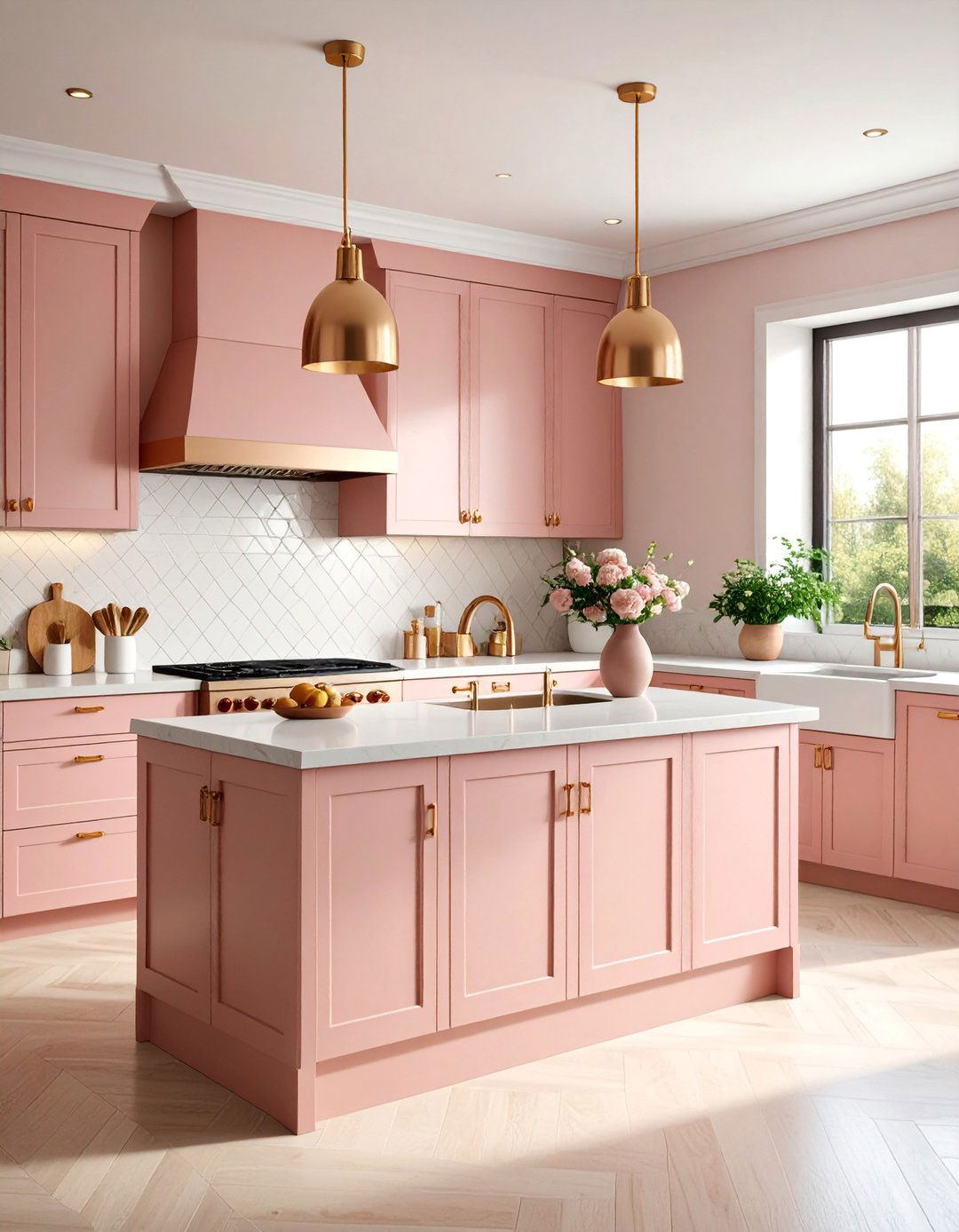 Dusty Rose Kitchen with Copper Hardware - 25 Pastel Room Ideas