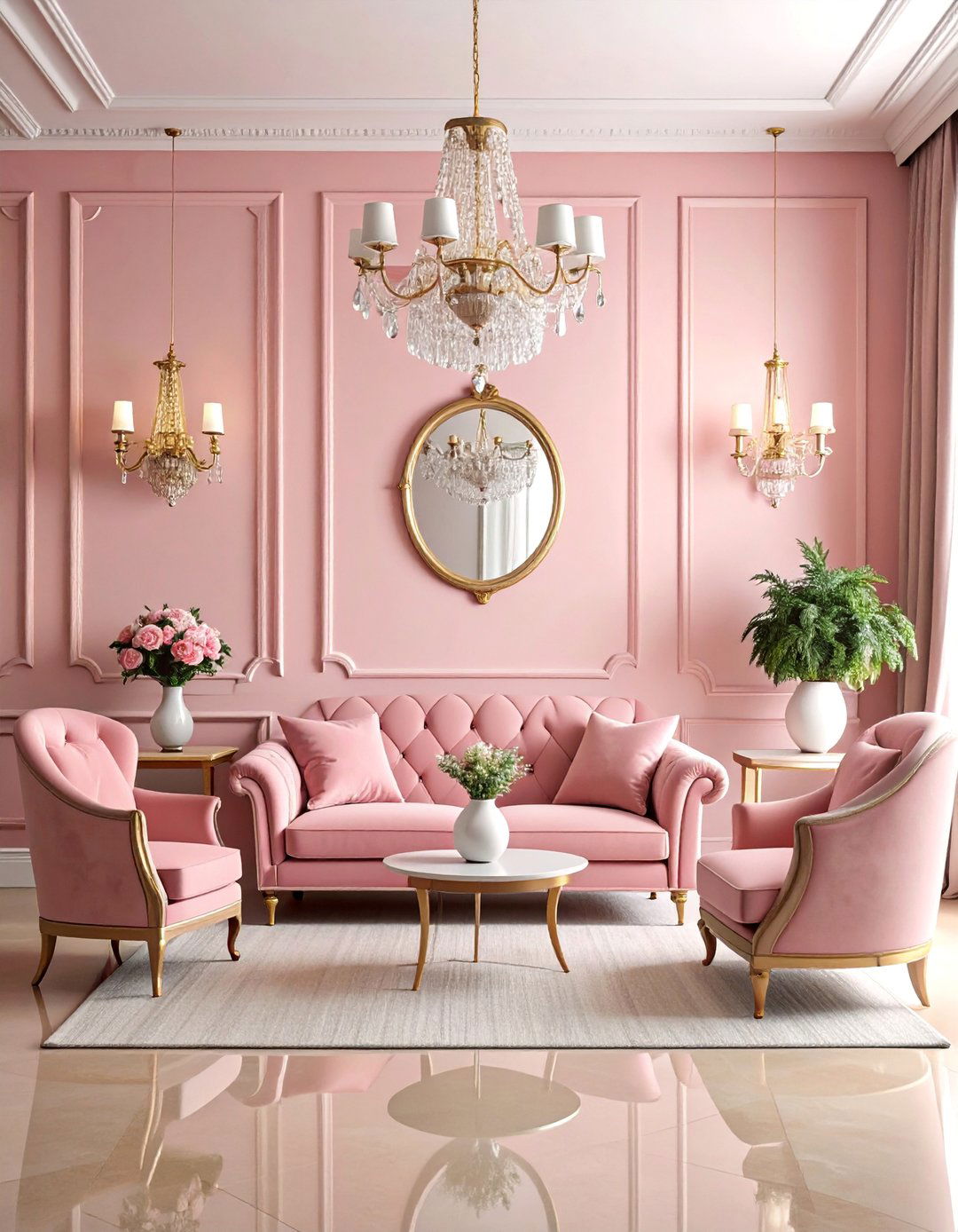 Dusty Rose Living Room with Vintage Glamour - 25 Monochromatic Living Room Ideas