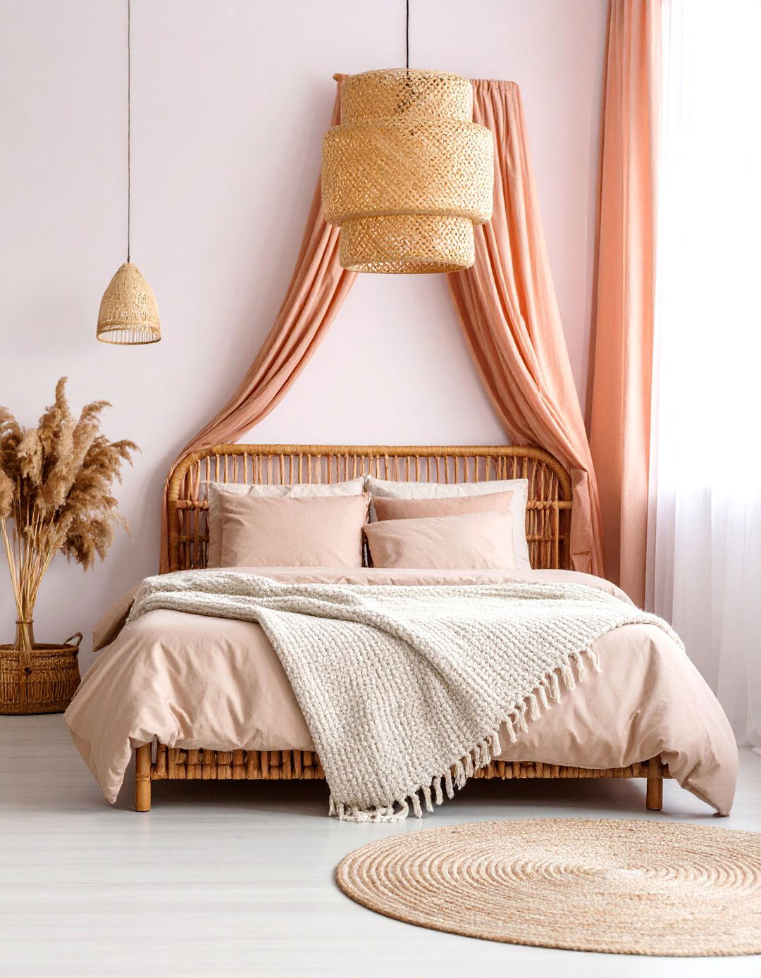 Dusty Rose Rattan Canopy Bed - 25 Pink Boho Bedroom Ideas