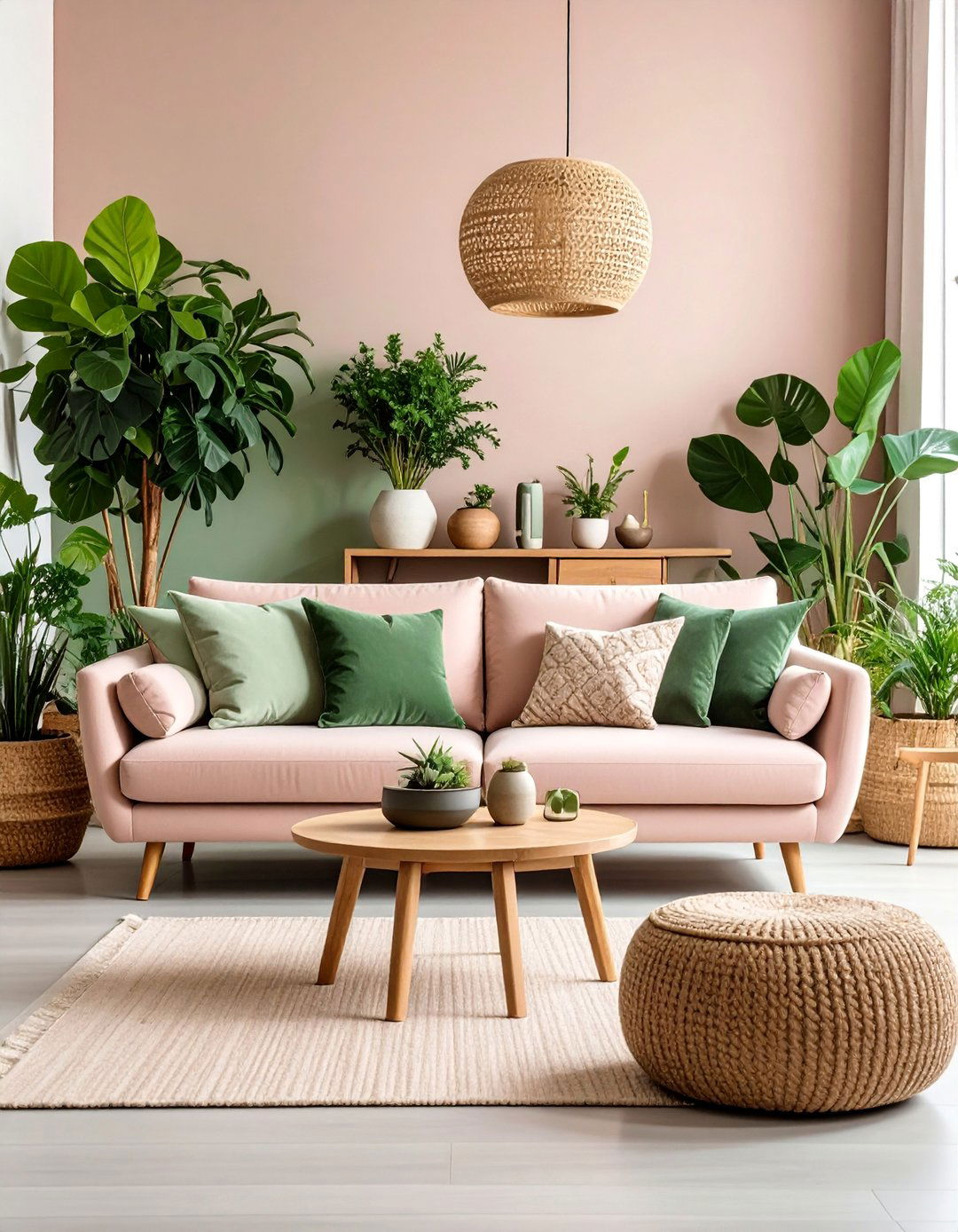 Dusty Rose Sofa with Earthy Greens - 25 Pink Couch Living Room Ideas