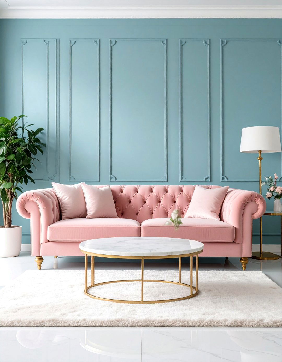 Dusty Rose Sofa with Periwinkle Blue Walls - 25 Pink and Blue Living Room Ideas
