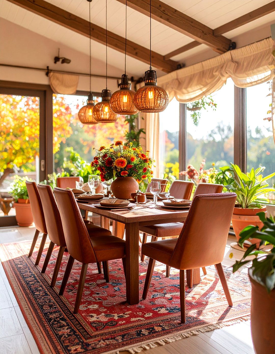 Earth Tone Sunroom Dining Room with Natural Warmth - 25 Sunroom Dining Room Ideas