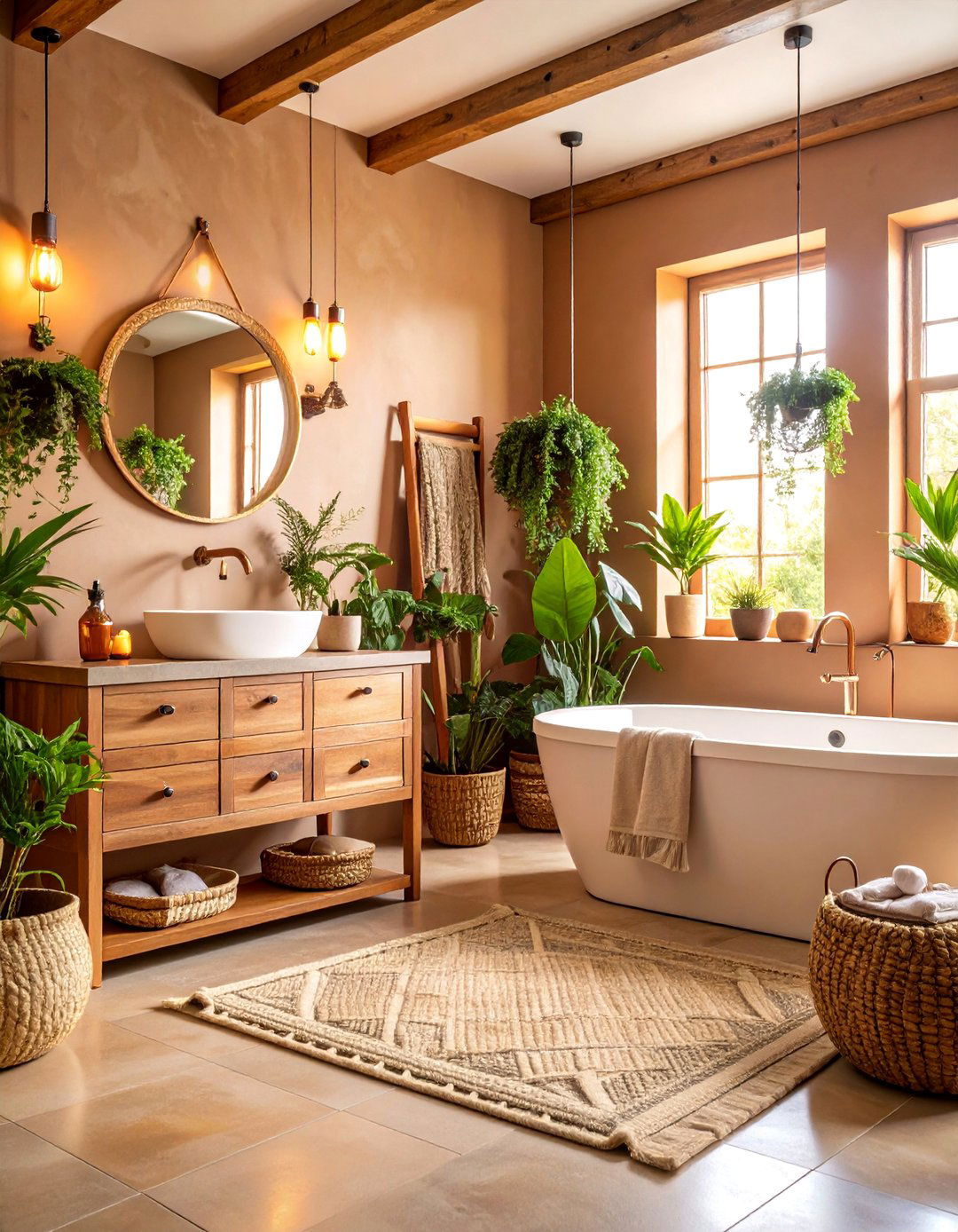Earth Toned Boho Bathroom with Copper Accents - 25 Boho Cottage Style Decor Ideas