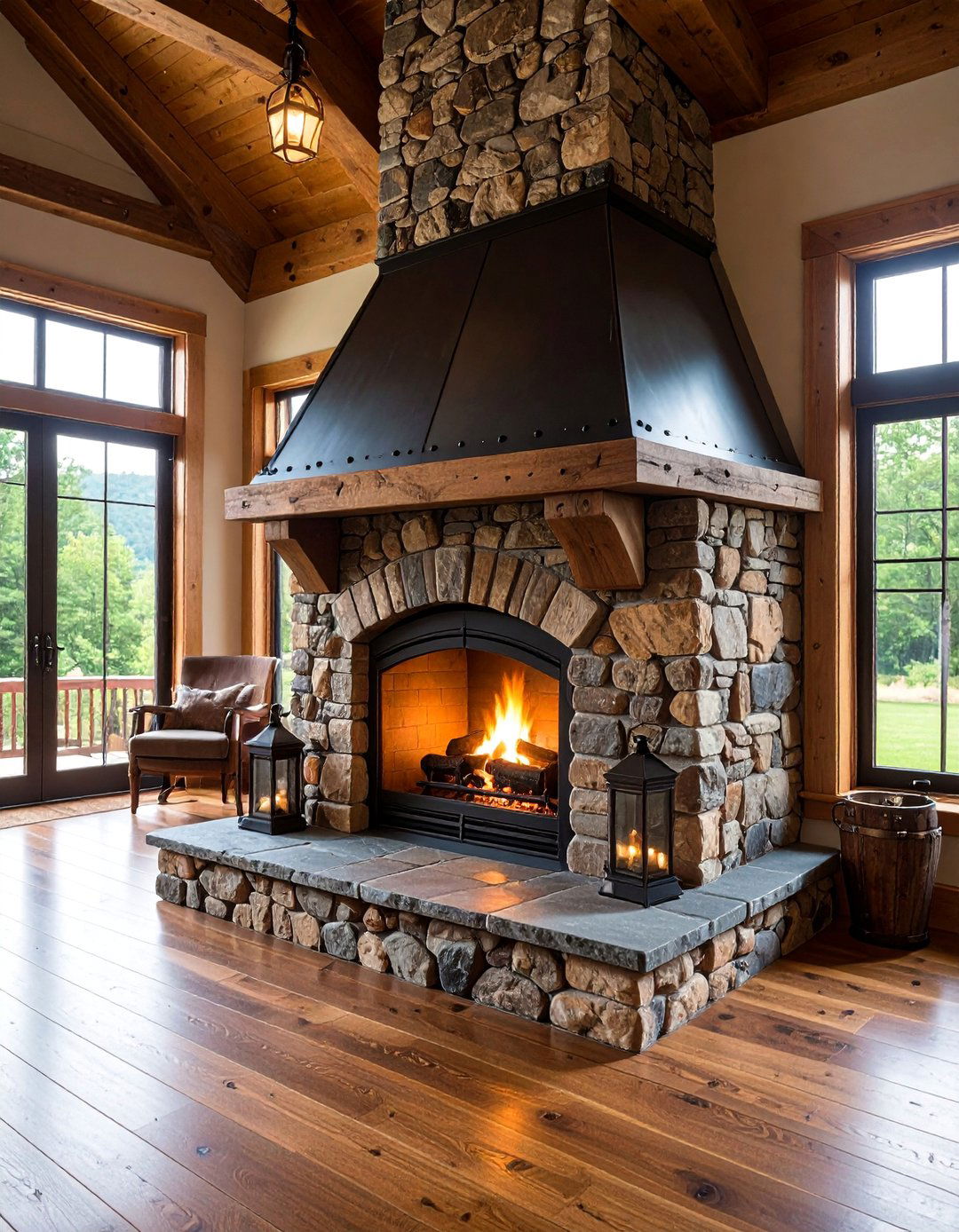 Earth Toned Cobblestone Fireplace with Iron Hood - 25 Spanish Style Fireplace Ideas
