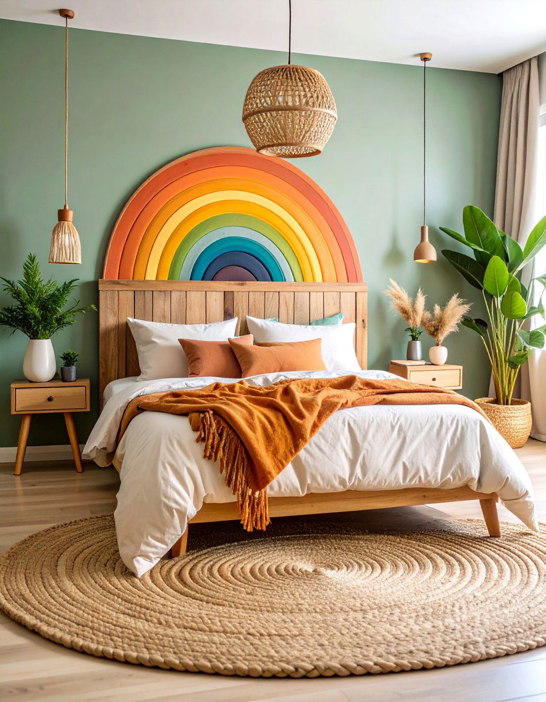 Earthy Rainbow Bedroom with Natural Textiles - 25 Rainbow Bedroom Ideas