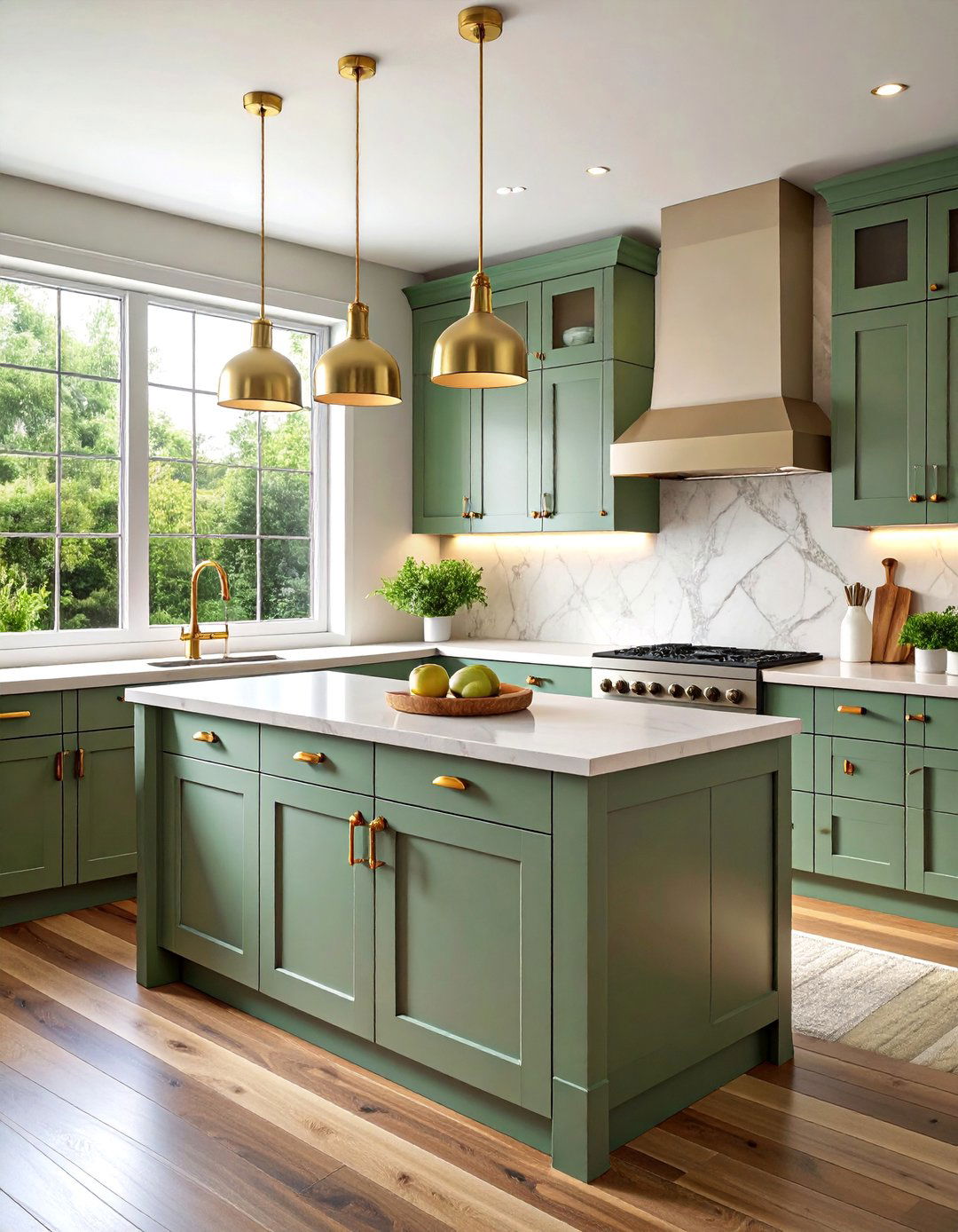 Earthy Sage Green Kitchen with Brass Details - 25 Transitional Kitchen Ideas