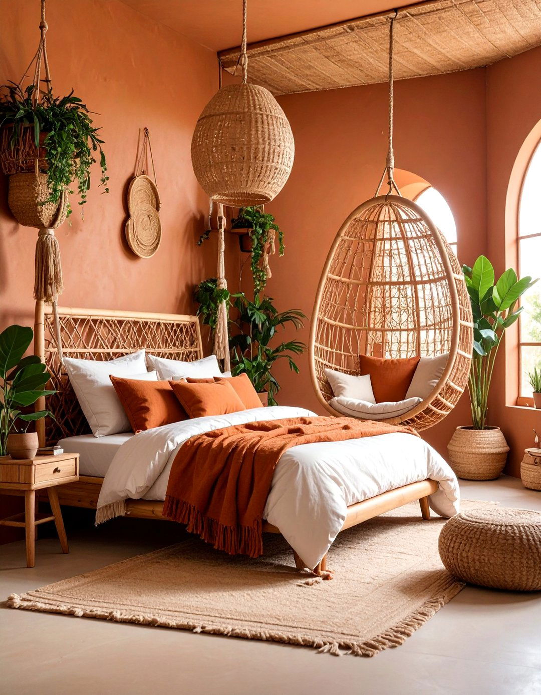 Earthy Terracotta Boho Bedroom with Rattan Furniture - 25 Girls Boho Bedroom Ideas