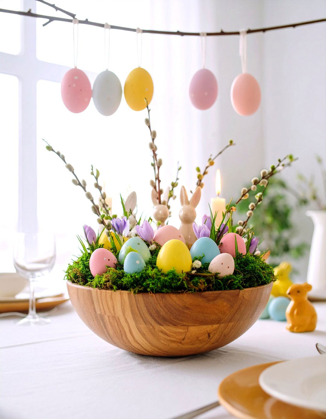 Easter Celebration Bowl with Pastel Eggs and Bunnies - 25 Dough Bowl Decor Ideas