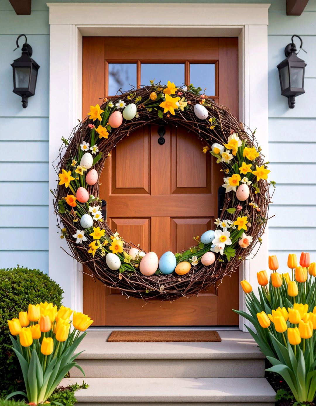 Easter Egg and Spring Flower Combination - 25 Spring Front Door Decor Ideas