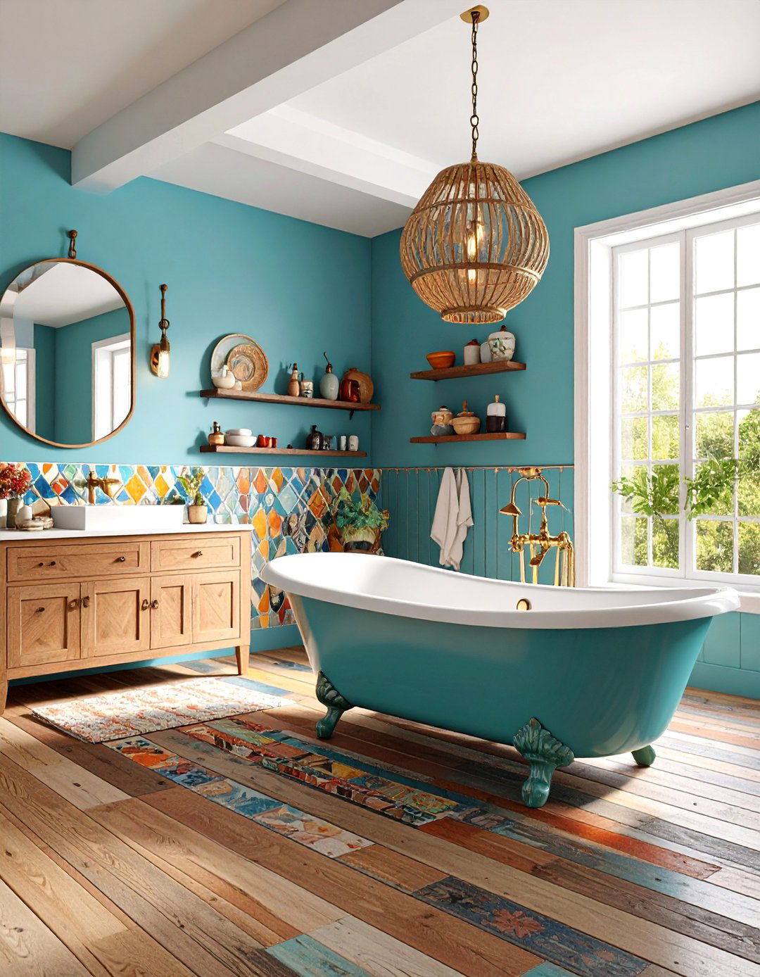 Eclectic Artist Bathroom with Reclaimed Mixed Woods - 25 Ideas for Wood Floors in Bathrooms