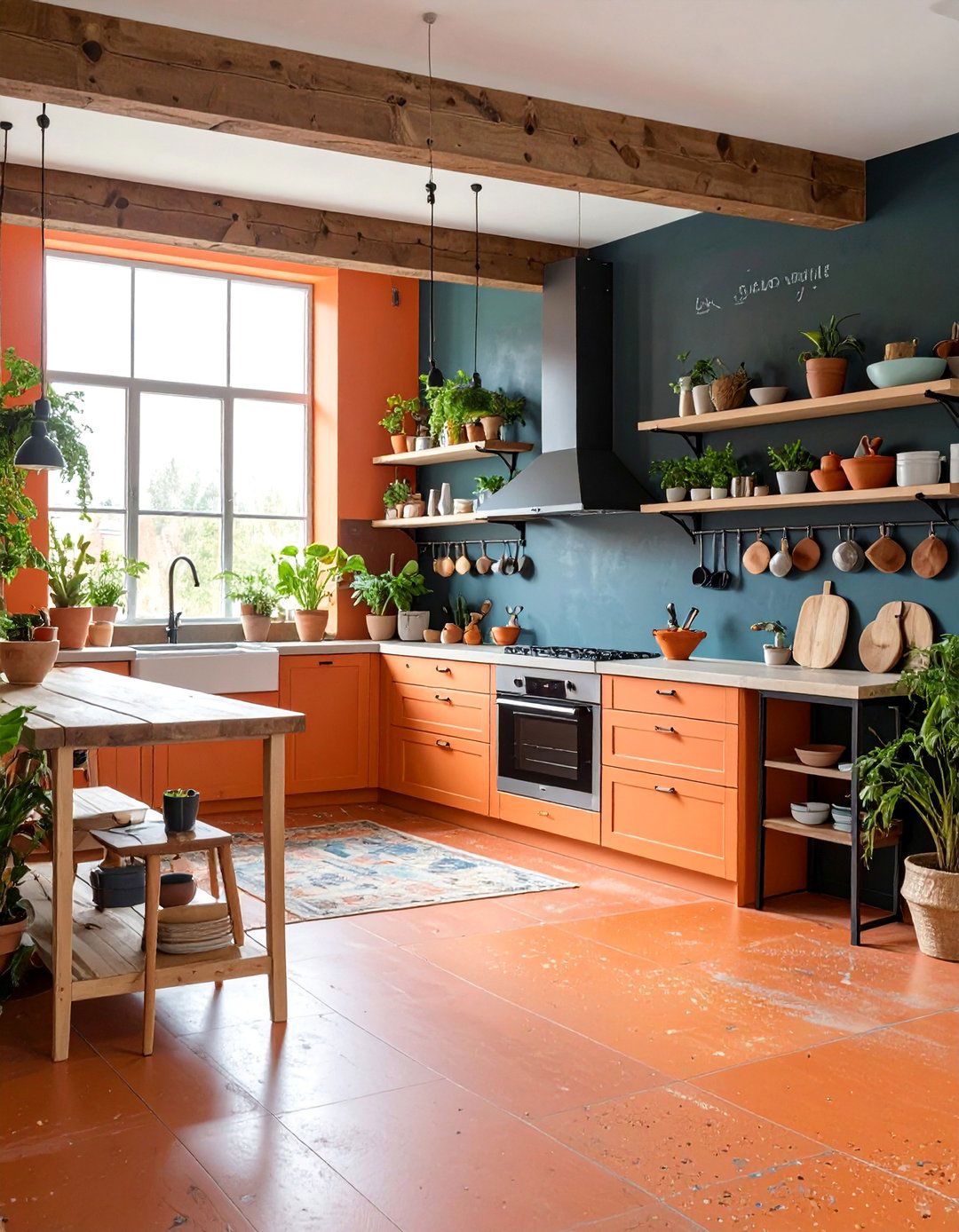Eclectic Artist Loft Terracotta Kitchen Floor with Paint Splatter Glaze - 25 Terracotta Kitchen Floor Ideas