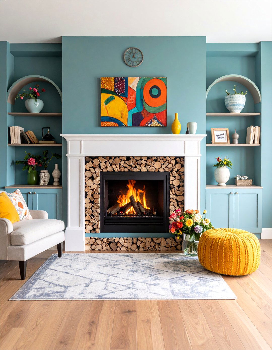 Eclectic Artist Three Sided Fireplace with Mixed Media Artwork - 25 3 Sided Fireplace Ideas