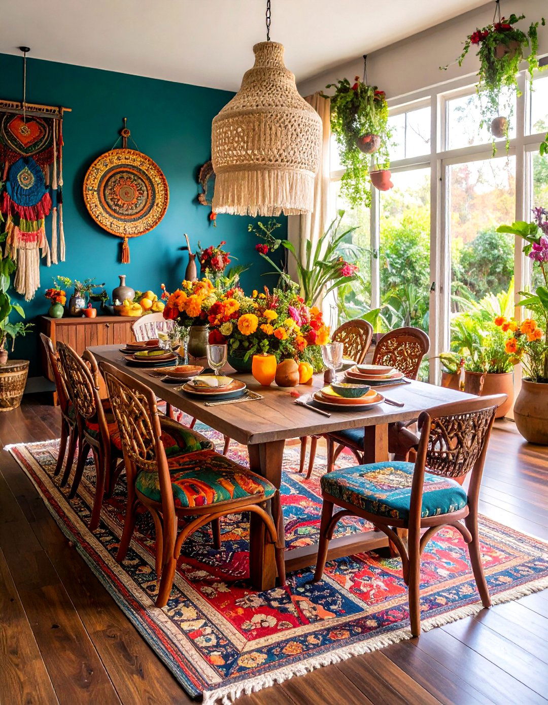 Eclectic Bohemian Dark Wood Floor Dining Room with Mixed Patterns - 25 dark wood floor dining room ideas