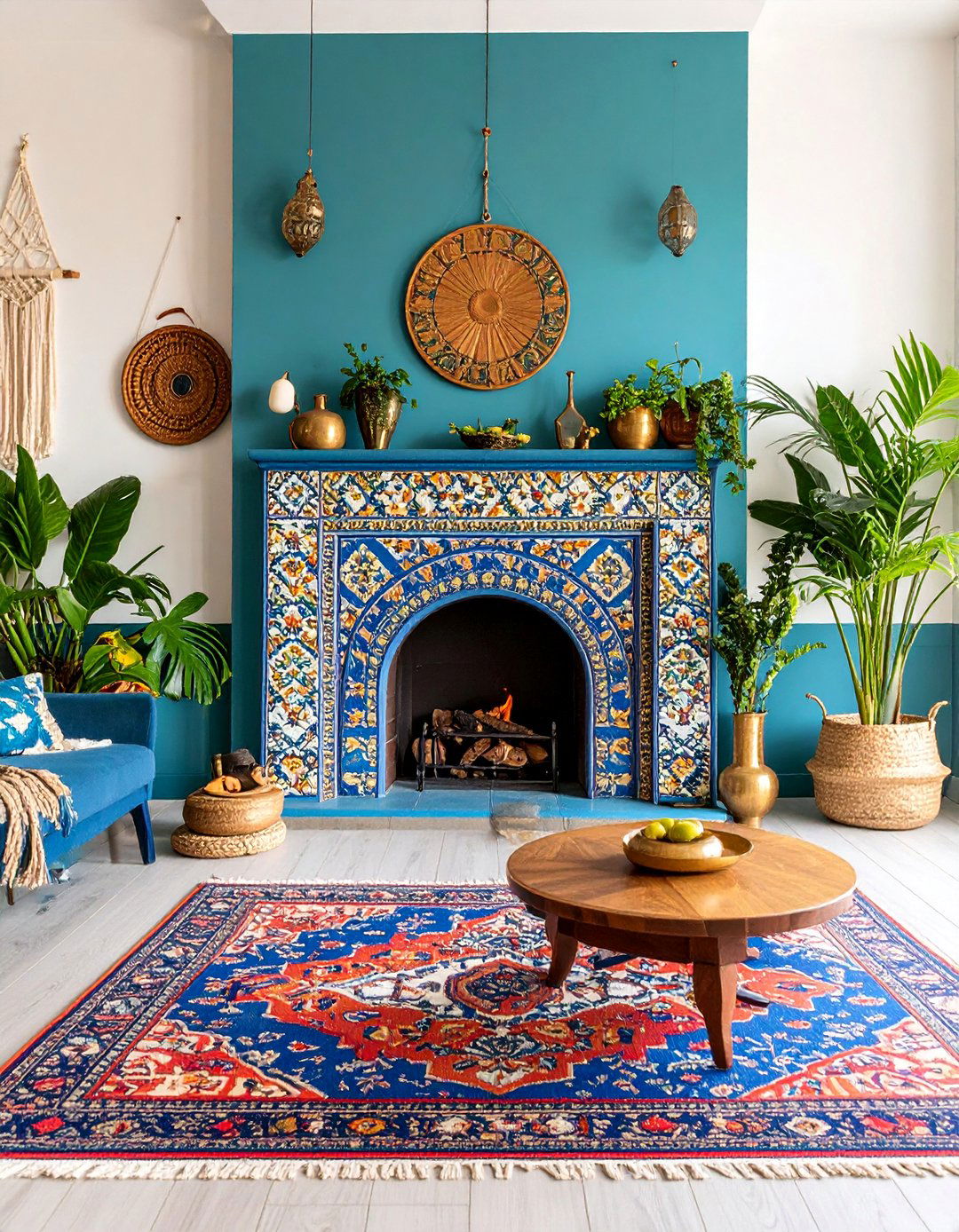 Eclectic Boho Fireplace with Mixed Patterns and Global Accessories - 25 Faux Fireplace Ideas