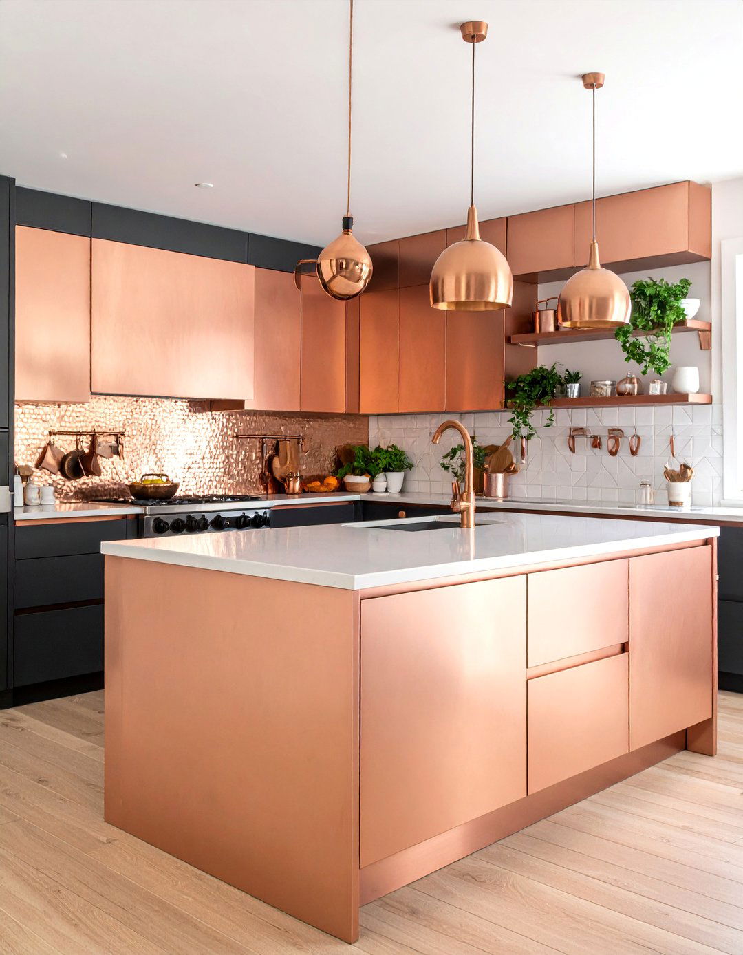 Eclectic Copper Mixed Materials with Black Base Cabinets - 25 black and copper kitchen ideas