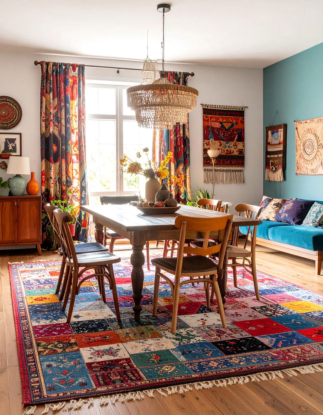 Eclectic Dining Room with Patchwork Carpet - 25 Carpeted Dining Room Ideas